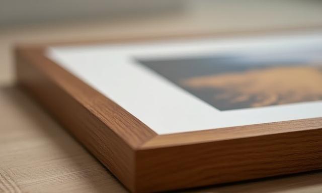 Elegant custom framed artwork featuring a desert landscape, rich wood grains.